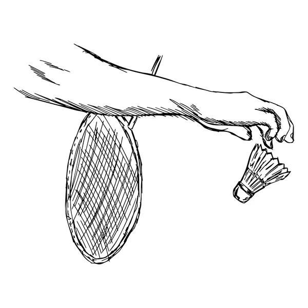 Ilustración vector garabato dibujado a mano boceto de mano de primer plano de deportista jugando bádminton aislado sobre fondo blanco — Archivo Imágenes Vectoriales