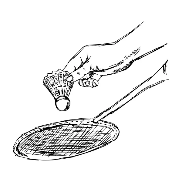 Illustration vektor doodle hand dras skiss av närbild närbild hand idrottsman spelar badminton isolerad på vit bakgrund. — Stock vektor