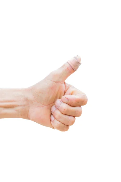 Horizontal photo of closeup of farmer's hand showing thumbs up with bandage isolated on white backgroun — Stock Photo, Image