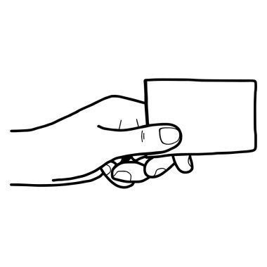 Beyaz arka plan üzerinde izole boş kartı tutan el illüstrasyon vektör el çizilmiş kroki