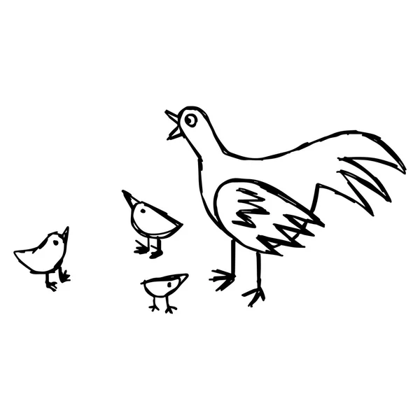 Illustration vektor hand ritad skiss av hönan och dess baby isolerade på vit bakgrund — Stock vektor