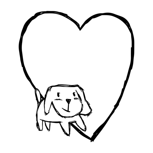 Illusztráció vektor keze felhívni doodles aranyos kutya, mosolygós, üres szív alakú elszigetelt fehér background — Stock Vector