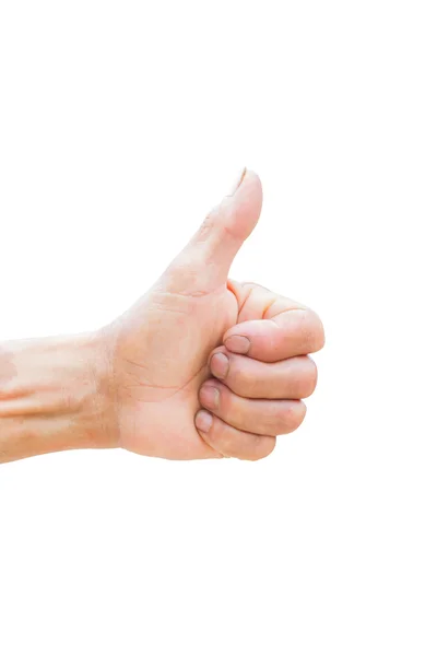 Horizontal photo of closeup of farmer's hand showing thumbs up sign isolated on white background. Clipping path — Stock Photo, Image