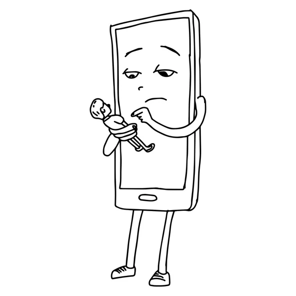 Illustration vectorielle gribouille dessinée à la main de téléphone portable tenant petit homme dans sa main — Image vectorielle