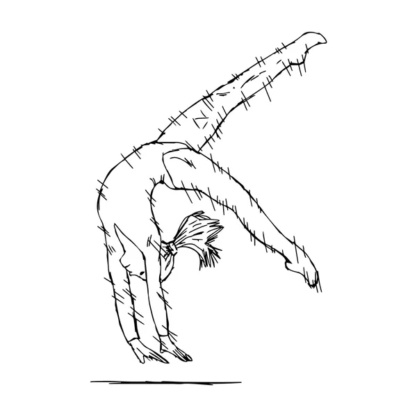 Illustration vectorielle gribouille dessinée à la main de jeune gymnaste femme performant élément de gymnastique artistique avec des lignes de vitesse — Image vectorielle