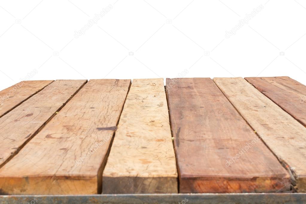 horizontal photo of old vintage planked wood table in perspective isolated on white background.