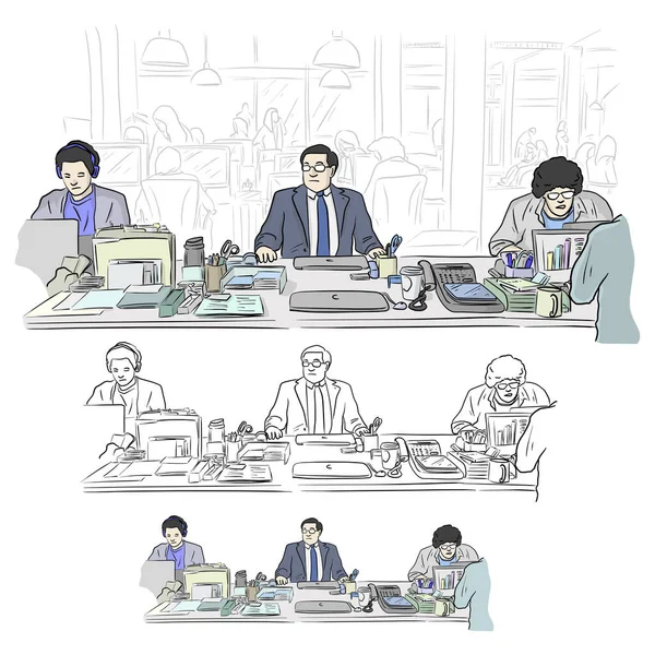 Biznesmeni Pracujący Biurze Wektorem Wnętrz Szkic Ilustracji Doodle Strony Rysowane — Wektor stockowy