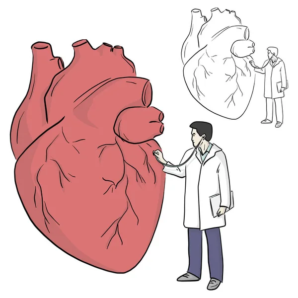 Médecin Utilisant Stéthoscope Pour Diagnostiquer Grand Vecteur Cardiaque Illustration Croquis — Image vectorielle