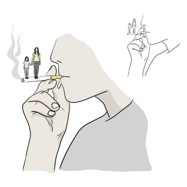 男人和他的家人在他的香烟矢量上吸烟 画了一个用黑色线条分隔在白色背景上的涂鸦手绘的草图 戒烟的概念 — 图库矢量图片