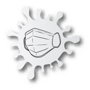 Kesik kağıda yazılmış ameliyat maskesinin siyah çizgili eli beyaz arka planda gölgesi olan Covid-19 virüsü şeklinde.