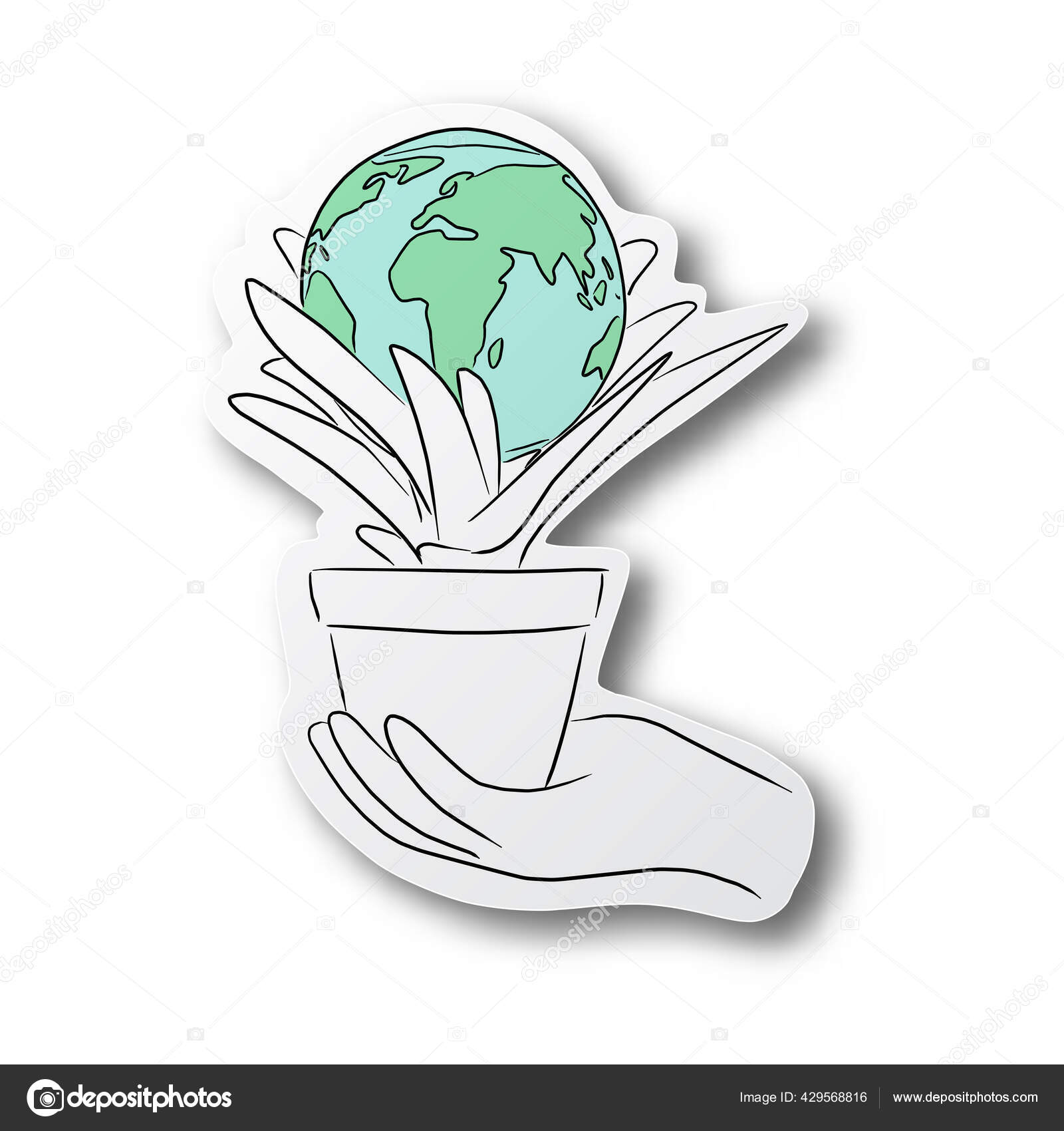 白地に影が隔離された切り紙に植物や土をフラワーポットで手描きのベクトルイラスト黒線手 ストックベクター C Ad