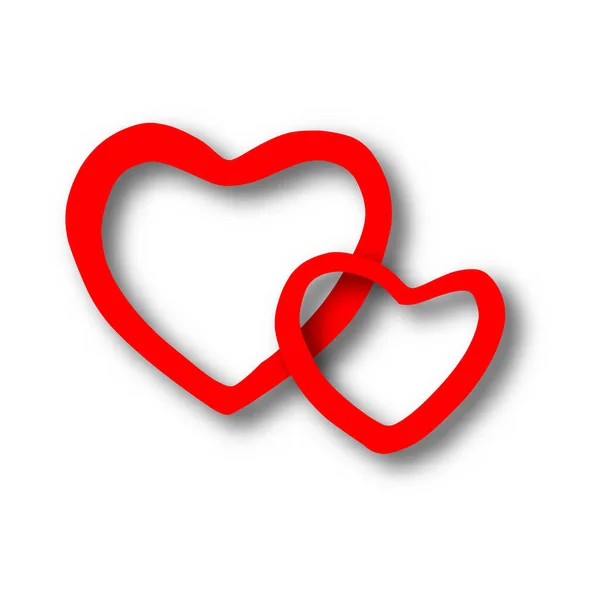 Διανυσματική Απεικόνιση Δύο Κόκκινες Καρδιές Σκιά Απομονωμένη Λευκό Φόντο — Διανυσματικό Αρχείο