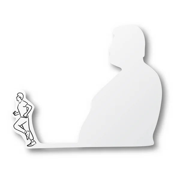白い背景に影が孤立した太った形をした切り絵で走る男の黒い線手 — ストックベクタ