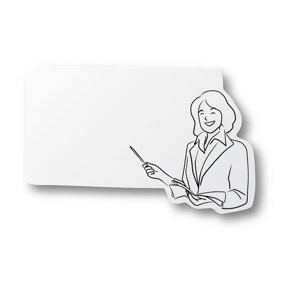画有女教师或女商人的矢量黑线手 在抄袭空间展示她的课程 在白色背景上有阴影隔离的剪纸 — 图库矢量图片