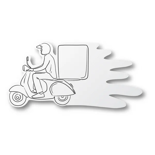 送货员骑摩托车在切纸机上的矢量黑线手绘 阴影隔离在白色背景下 — 图库矢量图片