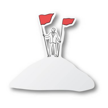 Vector illustration black line hand drawn of businessman and two red flag at top of mountain on cut paper with shadow isolated on white background vector