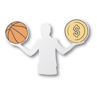 Beyaz arka planda gölgesi olan iş adamı biçimli kağıt üzerinde para ve basketbolun vektör çizimi siyah çizgisi. Yaşam dengesi kavramı.