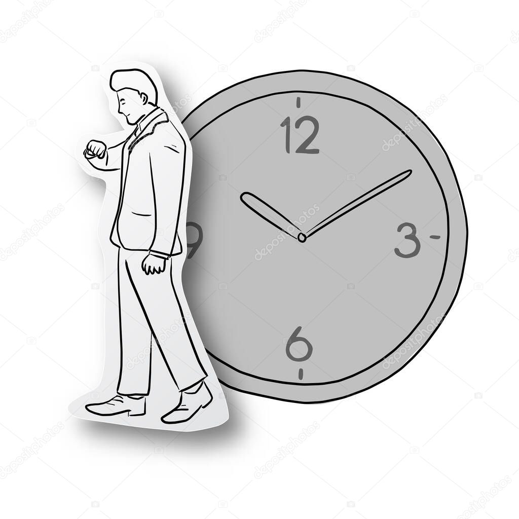Vector illustration black line hand drawn of businessman looking at watch on cut paper with shadow and big clock isolated on white background. Paper art. Business punctuality concept.