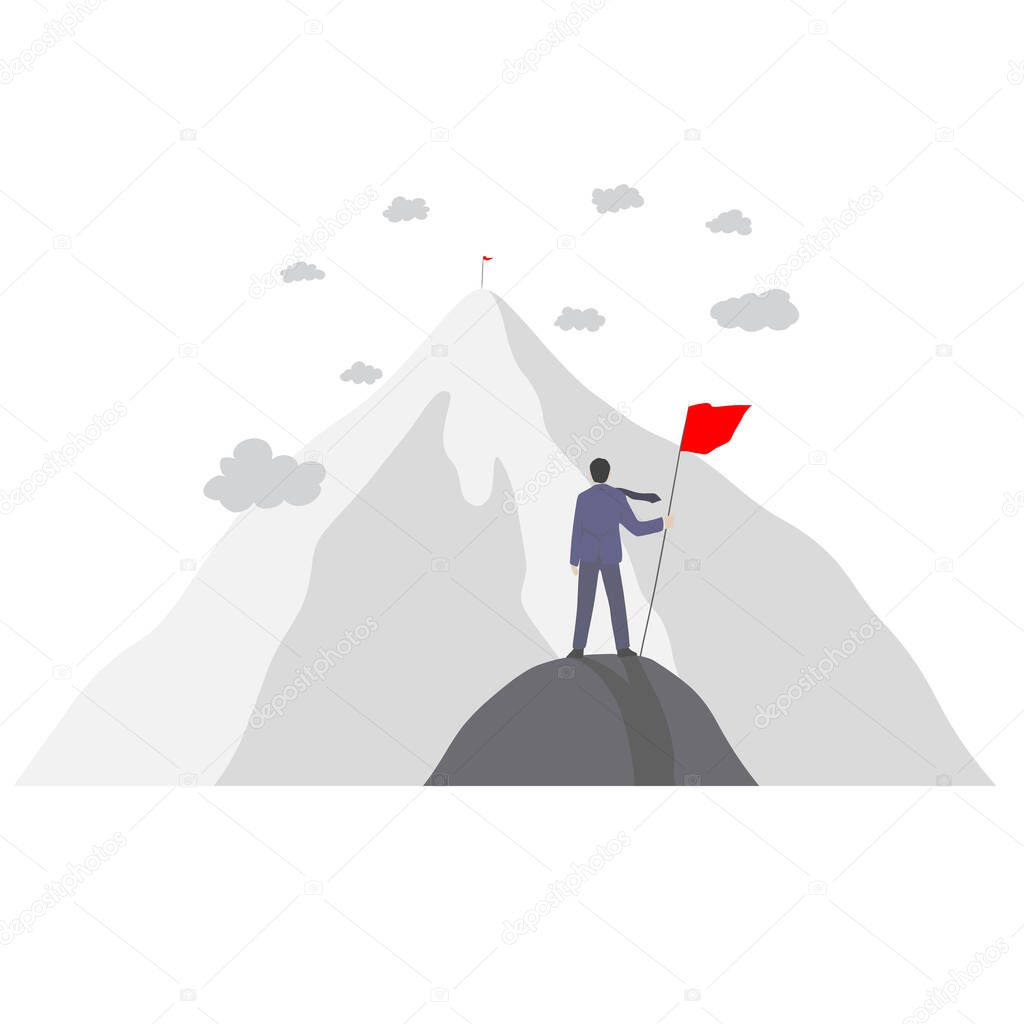 Vector illustration businessman holding red flag looking at the higher one. Second target business concept. 