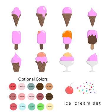 Düz dizayn renkli dondurma seti. Beyaz arka planda isteğe bağlı renk kodları var. Düzenlenebilir sanat eserleri ve katmanlar ayrıldı. 