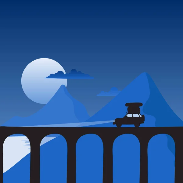 Siluet Suv Arabasının Bagajı Üstte Gece Arkaplanındaki Köprüde Sürüyorlar Mavi — Stok Vektör
