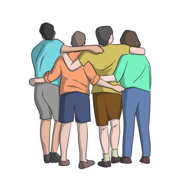 beyaz arkaplan illüstrasyon vektöründe izole edilmiş dört kişinin tam uzunluktaki arka görünümü.