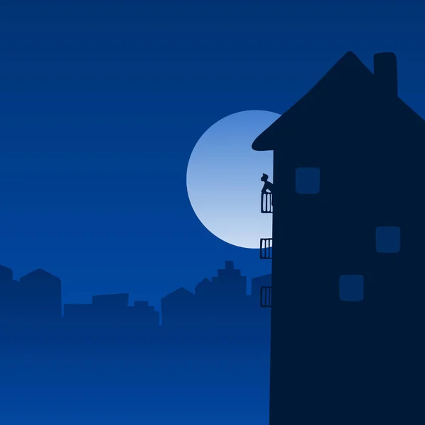 Homme Rester Maison Debout Sur Balcon Dans Nuit Avec Grand — Image vectorielle