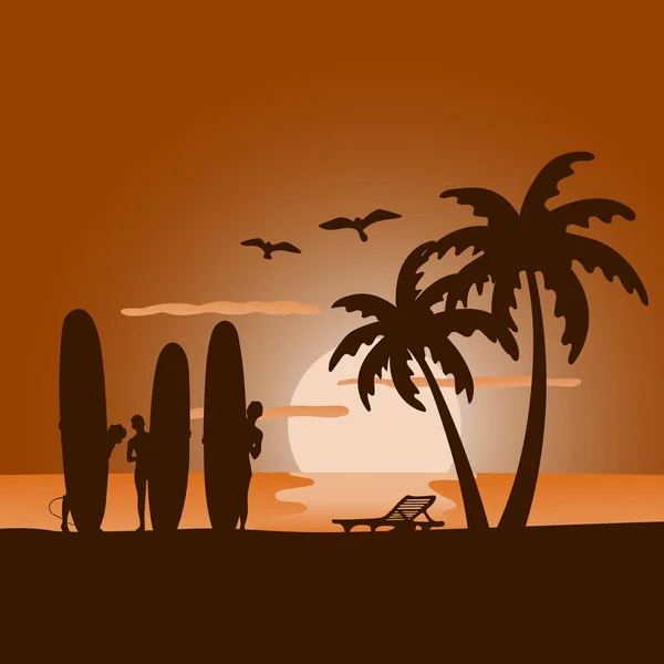 Sommerstrand Mit Menschen Und Surfbrett Sonnenuntergang Hintergrundillustration Vektor — Stockvektor