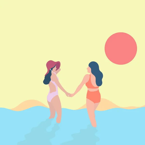Dvě Ženy Drží Ruku Pláži Západ Slunce Pastelové Barvě Ilustrační — Stockový vektor