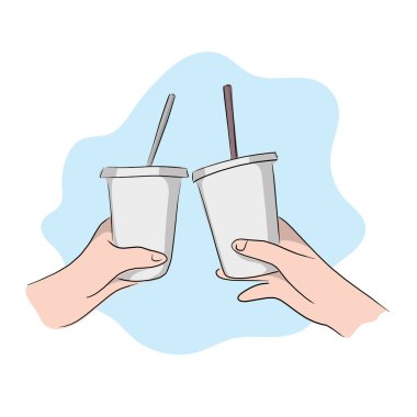 İki el buzlu latte ve buzlu sütlü çayı plastik bardakta kapak ve kahverengi saman illüstrasyon vektörüyle yakın plan..