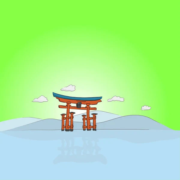 位于日本广岛的宫岛 在绿天手绘插图矢量上隔绝的板岛神龛的浮宫门口 — 图库矢量图片