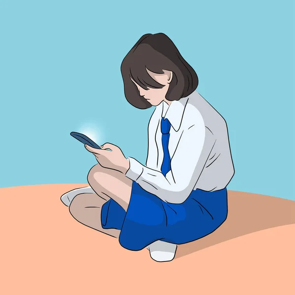 Aziatische Student Uniform Met Behulp Van Smartphone Hand Getekend Illustratie — Stockvector