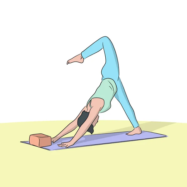 Jeunes Femmes Faisant Des Exercices Yoga Sur Tapis Dessiné Main — Image vectorielle