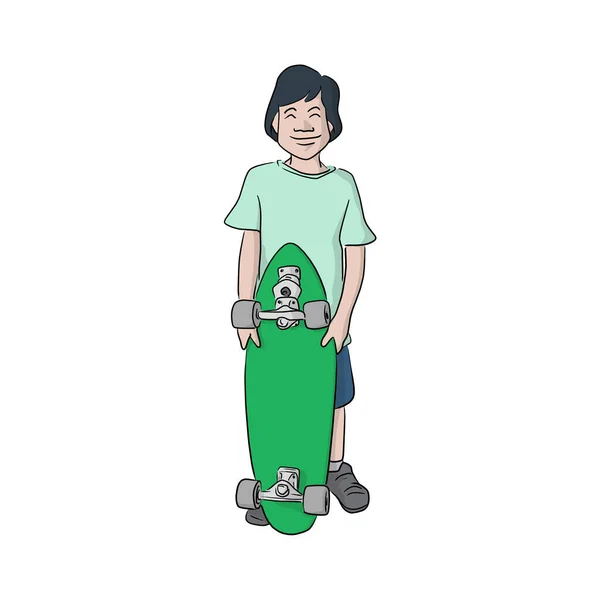 Lächelnder Junge Mit Skateboard Hand Gezeichnet Isoliert Auf Weißem Hintergrund — Stockvektor