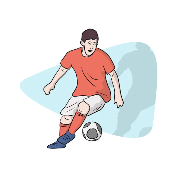 Jogador Futebol Masculino Com Camisa Laranja Jogando Futebol Mão Desenhada — Vetor de Stock