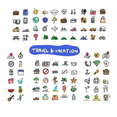 Renkli seyahat tatil simgesi, beyaz arkaplanda izole edilmiş siyah çizgiler çizim vektörü ile çizilmiş el simgesi