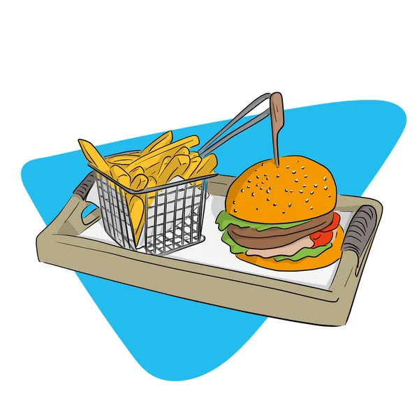 Fast Food Χάμπουργκερ Και Τηγανητές Πατάτες Στο Καλάθι Ένα Ξύλινο — Διανυσματικό Αρχείο