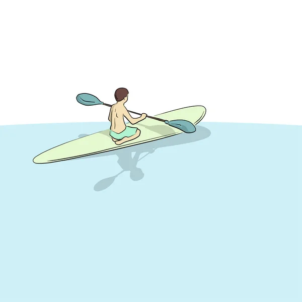 白い背景のイラストベクトルに黒い線で描かれた海の手でパドルボードを遊んでいる男の子 — ストックベクタ