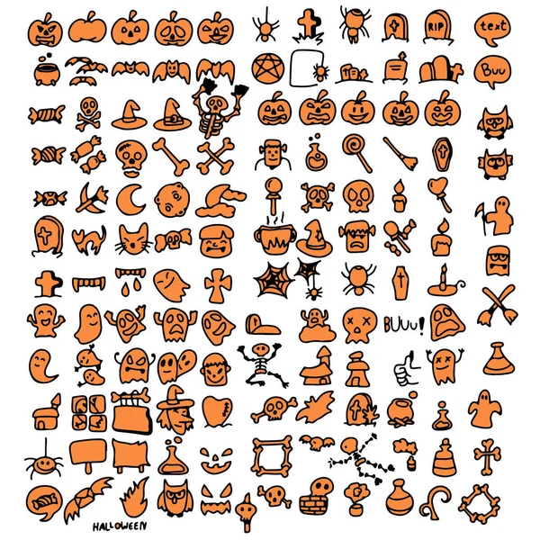 Naranja Icono Halloween Conjunto Mano Dibujado Con Líneas Negras Aisladas — Vector de stock