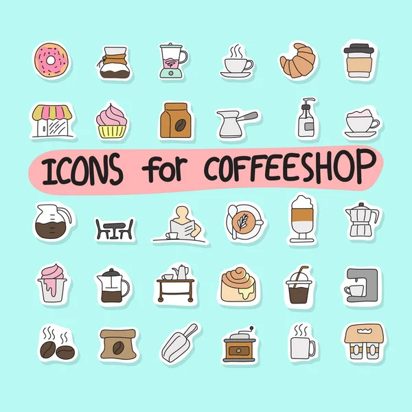 Icono Conjunto Pegatinas Café Insignias Scrapbooking Elementos Coloridos Dibujado Mano — Vector de stock