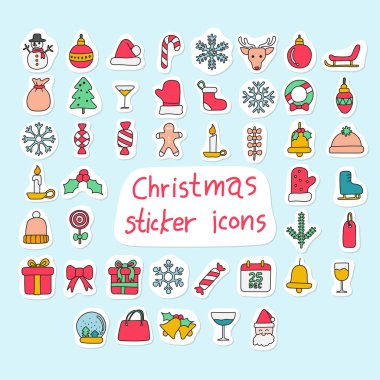 Noel çıkartması simgeleri mavi arkaplana izole edilmiş çizim vektör elini ayarladı