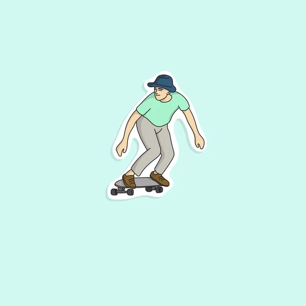 Mann Mit Hut Reiten Eines Skateboards Isoliert Auf Blauem Hintergrund — Stockvektor