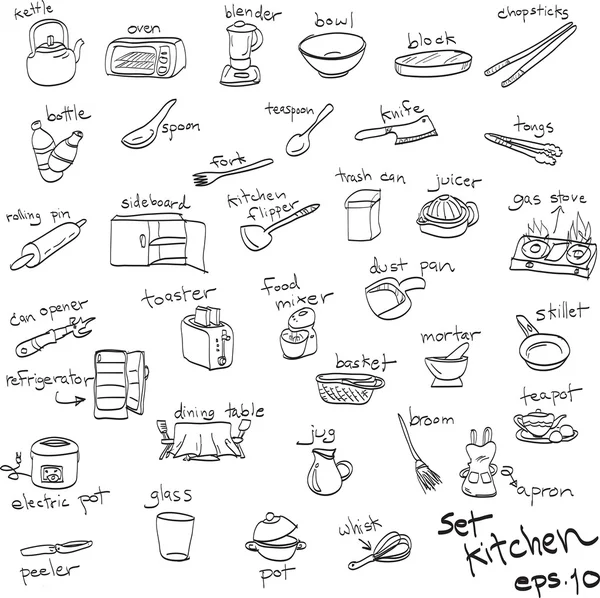 Conjunto de objetos desenhados à mão na cozinha, doodles — Vetor de Stock
