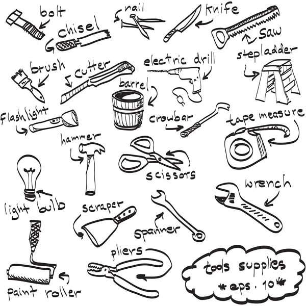 Vetor mão desenhada conjunto de ferramentas de suprimentos, doodles — Vetor de Stock