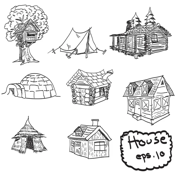Vecteur dessiné à la main ensemble de maisons, gribouillis — Image vectorielle