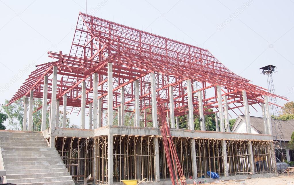 Construction site with thai temple and steelwork