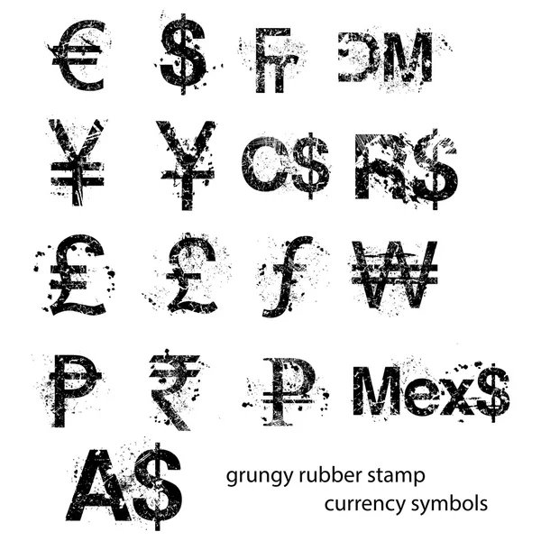 Grungy sello de goma signo de moneda símbolos conjunto, vector — Vector de stock