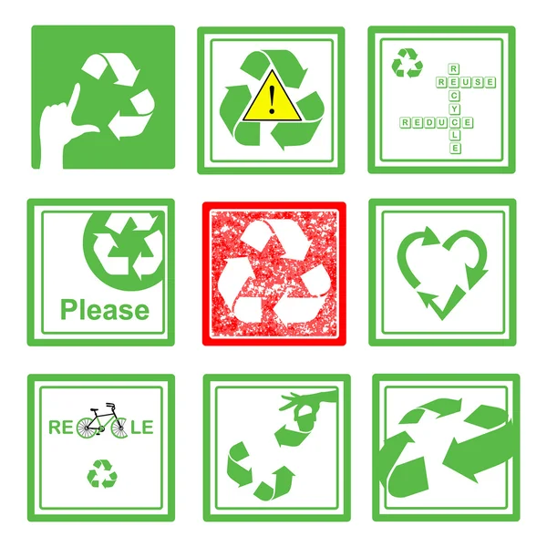 Set van groene en Rode recycle teken symbool op groen vierkantje — Stockvector