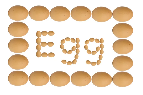Huevo de palabra hecho de huevos con marco, aislado sobre fondo blanco — Foto de Stock