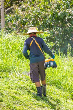 Çim biçme makinesi işçisi adam kesme çim yeşil alan